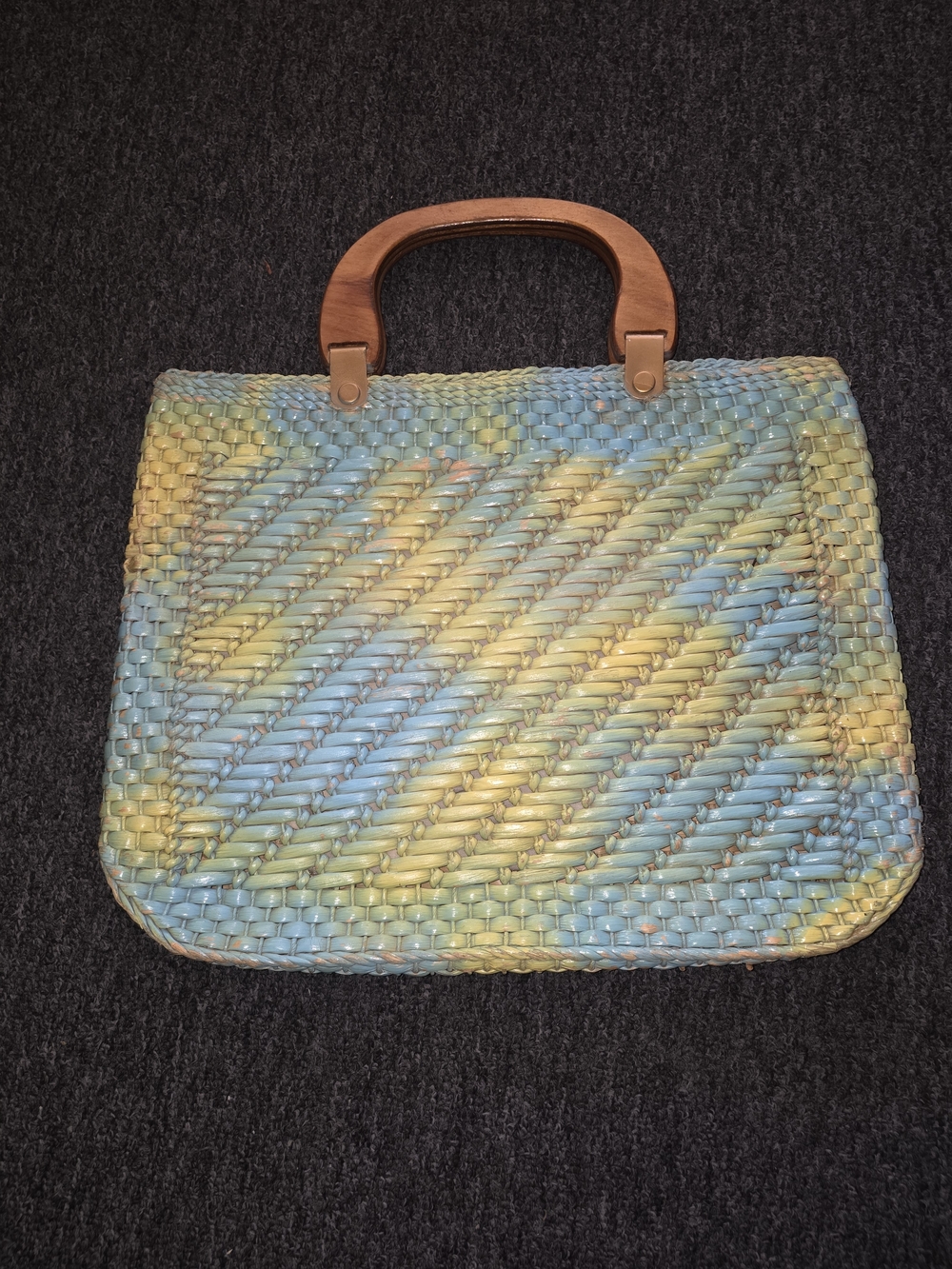 Source Unknown VINTAGE  Blue and Yellow Woven Tote with Wooden Handle